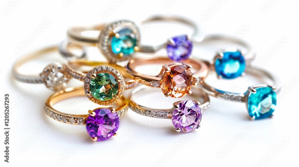 A set of colorful gemstone rings displayed neatly on a white background. A set of colorful gemstone rings displayed neatly on a white background.
