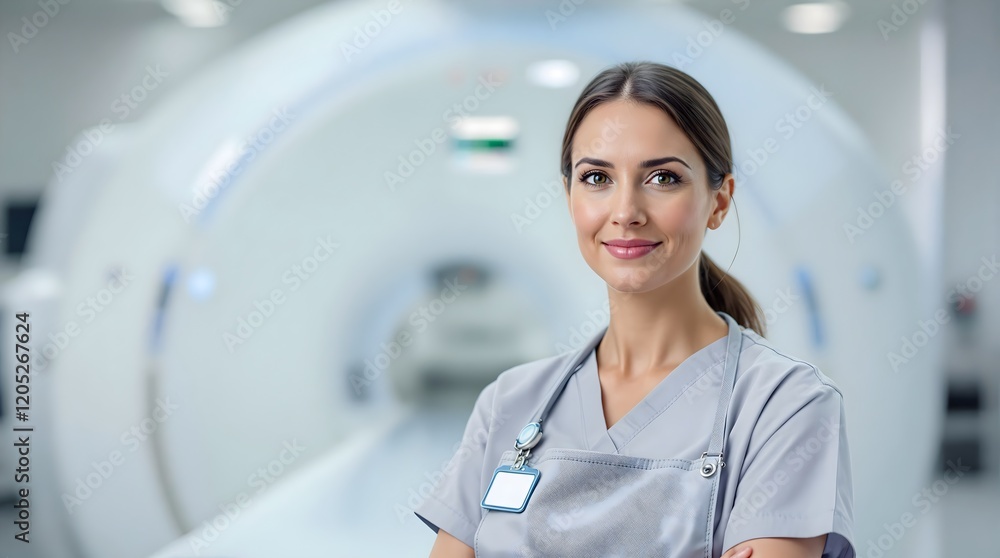 Female MRI Technician Posing Near an Advanced MRI Scanner (Healthcare) Female MRI Technician Posing Near an Advanced MRI Scanner (Healthcare)