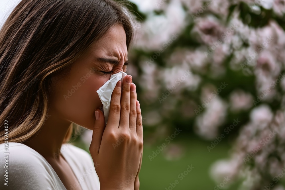 A young woman sneezing into a tissue in a blooming park, surrounded by flowers, representing seasonal allergies A young woman sneezing into a tissue in a blooming park, surrounded by flowers, representing seasonal allergies