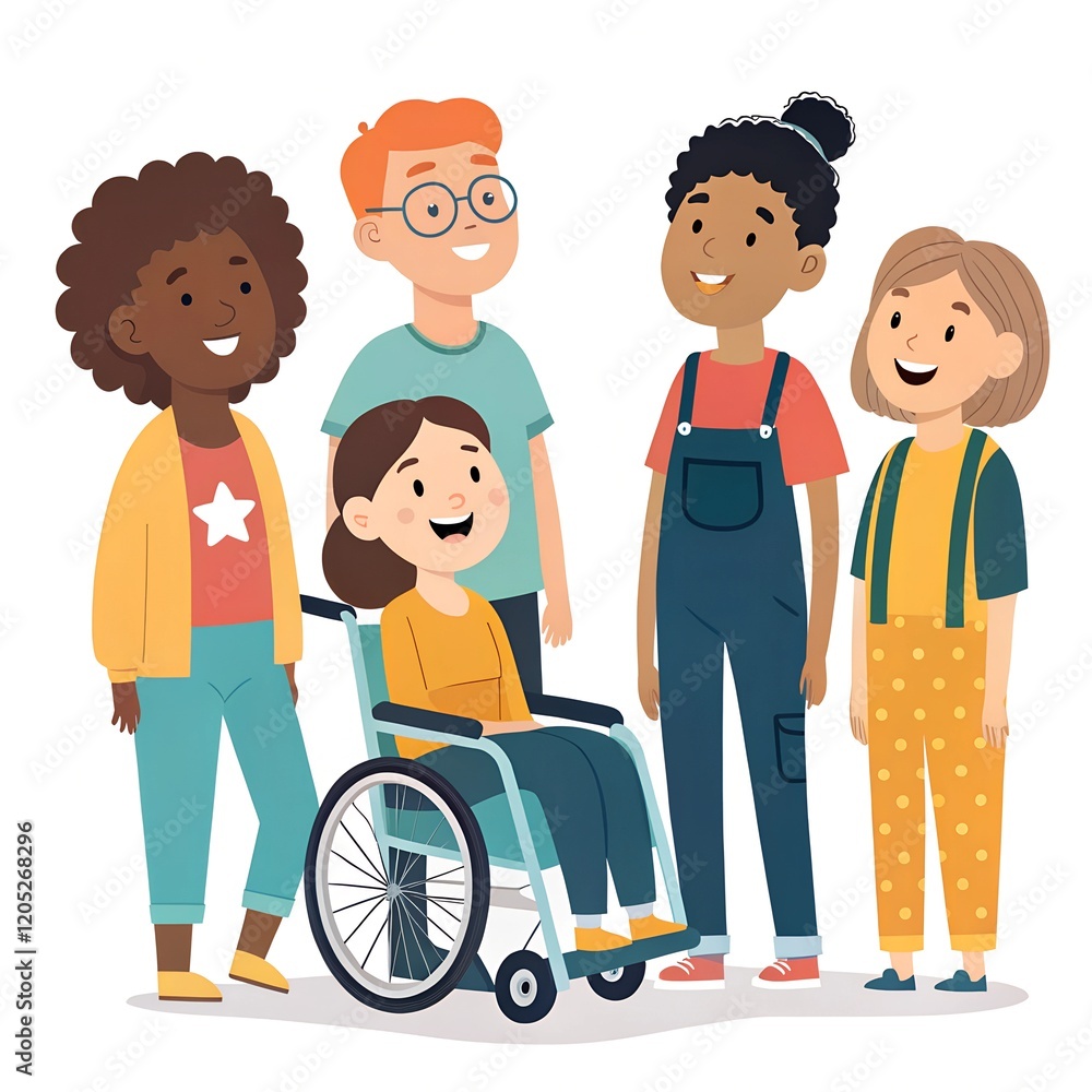 Concept of a group of happy looking people and a disabled person. A vector illustration of various characters of different gender, ethnicity and physical condition, flat vector set of people. Concept of a group of happy looking people and a disabled person. A vector illustration of various characters of different gender, ethnicity and physical condition, flat vector set of people.