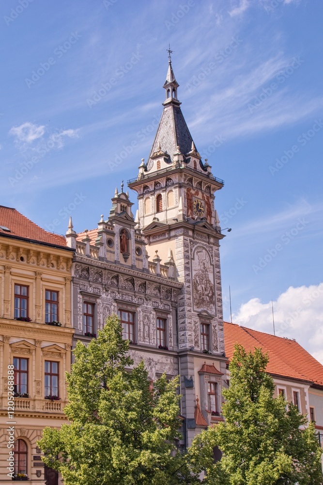 The decorated building of the New town hall with tower at historical city Prachatice, Czech republic The decorated building of the New town hall with tower at historical city Prachatice, Czech republic