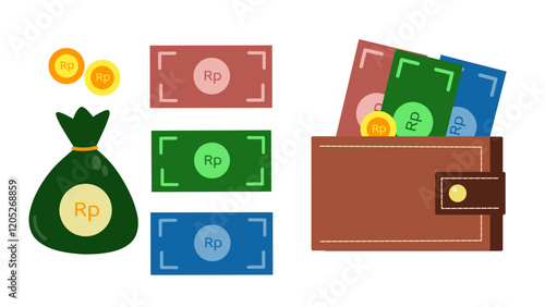 Purse with money. Illustration of Indonesian Rupiah banknotes and coins with wallet and savings sack.