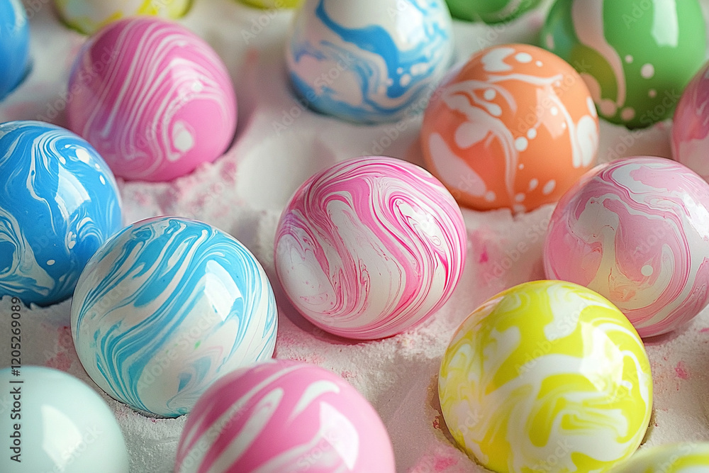 Obraz premium easter eggs marbel on pastel background with spring flowers