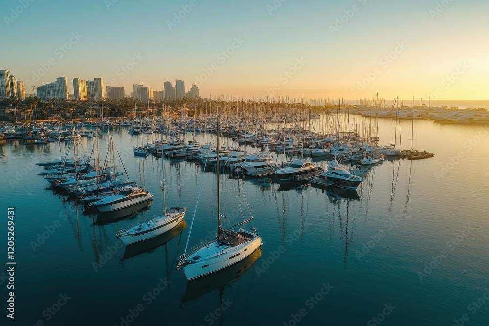 Fototapeta premium Aerial view of a crowded marina filled with luxurious yachts coastal city scenic photography tranquil waters dusk light marine lifestyle