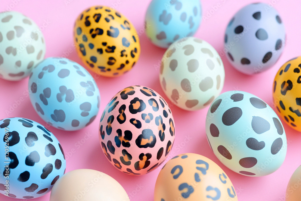 Easter eggs with colorful leopards on pastel background with space for text