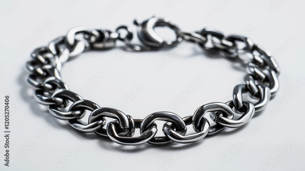 Obraz premium A stainless steel chain bracelet with a masculine design, presented on a white backdrop.