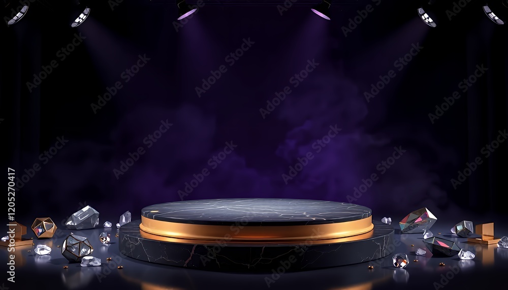 Obraz premium Luxurious Dark Purple and Gold Podium Display with Sparkling Gems for Product Promotion and Elegant Presentation