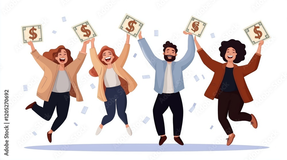 Obraz premium A cartoon-style illustration of a joyful team celebrating success, holding dollar bill signs and jumping with excitement, surrounded by falling money