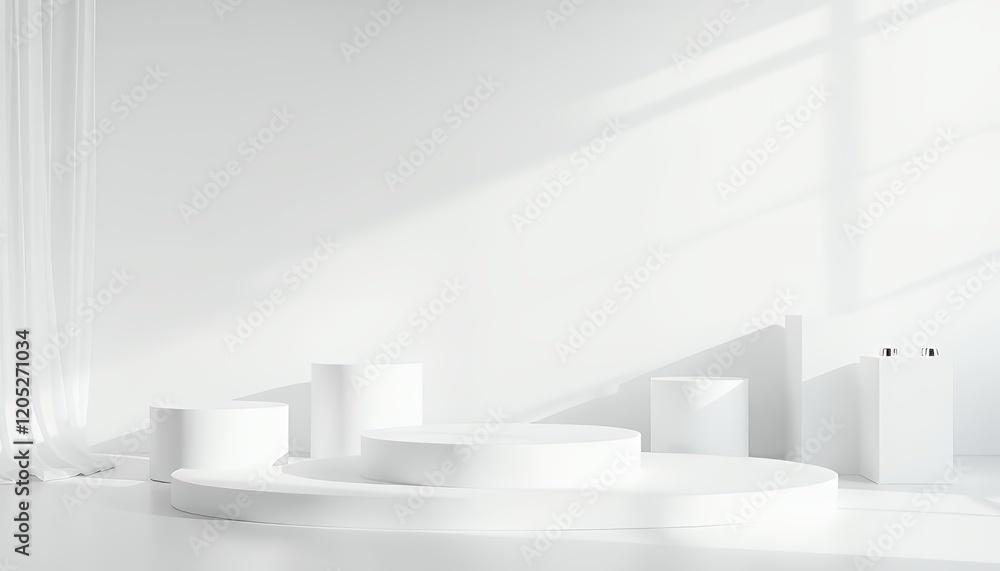 Minimalist White Podium Display for Product Promotion: Clean Geometric Shapes and Soft Sunlight on a Blank Studio Background, Ideal for Mockups and Presentations Minimalist White Podium Display for Product Promotion: Clean Geometric Shapes and Soft Sunlight on a Blank Studio Background, Ideal for Mockups and Presentations