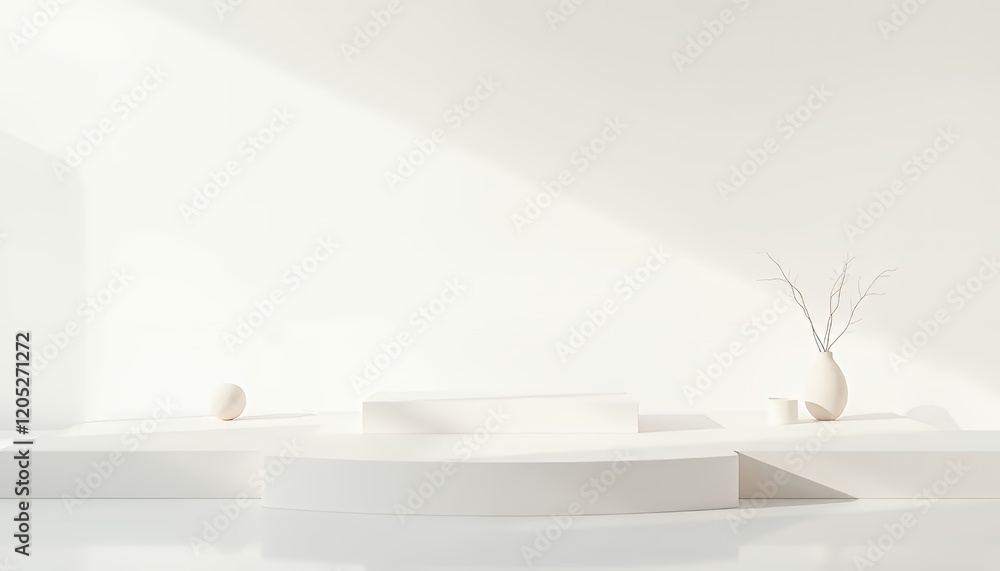 Fototapeta premium Minimalist White Podium Display with Sunlight and Subtle Decorations for Product Promotion or Branding
