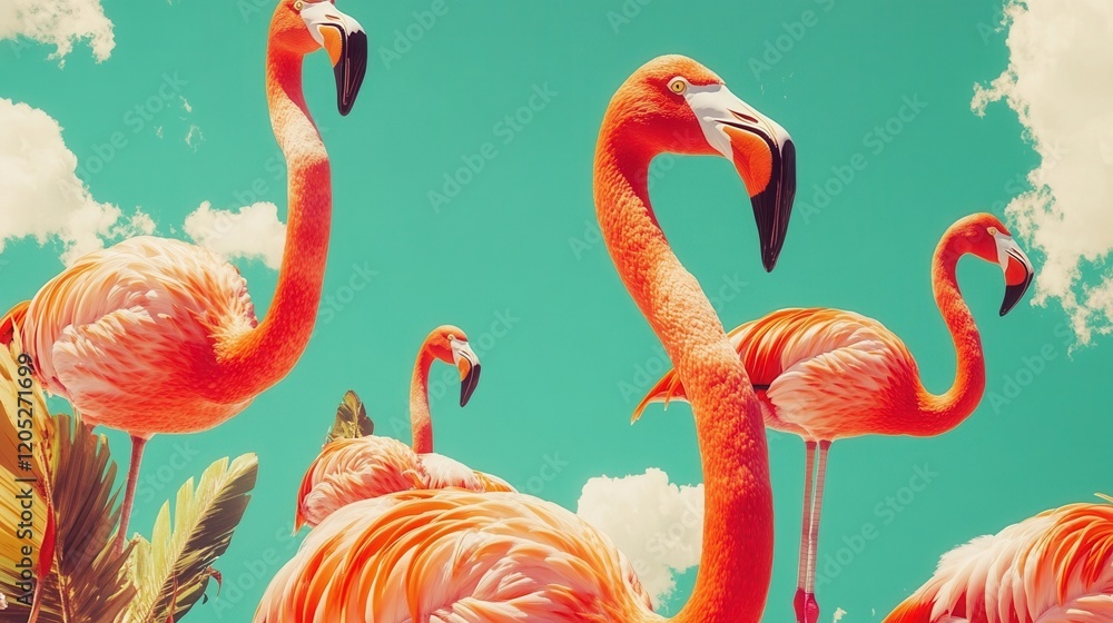 Fototapeta premium Flamingos in a vibrant tropical setting