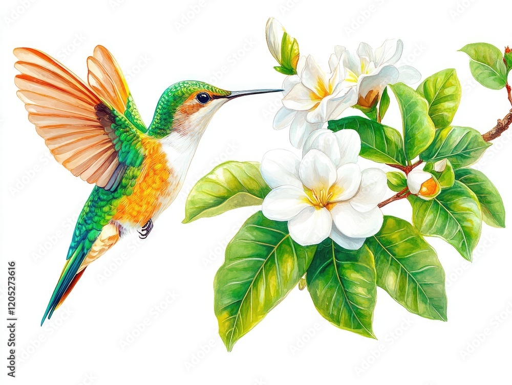 Obraz premium A vibrant hummingbird interacts with white flowers, showcasing nature's beauty.