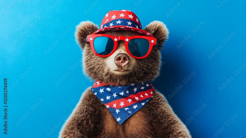 A cute bear wearing red sunglasses, a star-patterned bandana, and a matching hat against a bright blue background. A cute bear wearing red sunglasses, a star-patterned bandana, and a matching hat against a bright blue background.