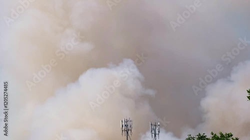 Global warming and dry air cause large white and gray smoke plumes to rise into the sky, turning it red and gray, creating air pollution with PM2.5 particles.