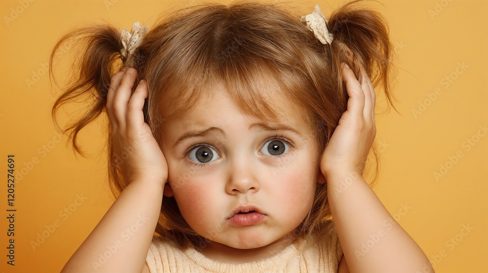 Fototapeta premium Worried young girl with pigtails covering ears on orange background. Illustrates childhood stress, sensory overload, and emotional development in youth.