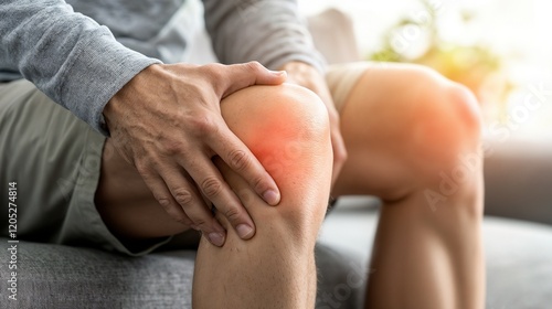 Person holding knee in pain on sofa in natural lighting. Illustrates joint pain, physical therapy needs, and health concerns in daily life.