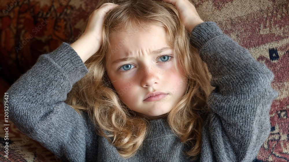 Young girl with worried expression in grey sweater. Represents childhood anxiety, emotional development, and youth mental health awareness. Young girl with worried expression in grey sweater. Represents childhood anxiety, emotional development, and youth mental health awareness.