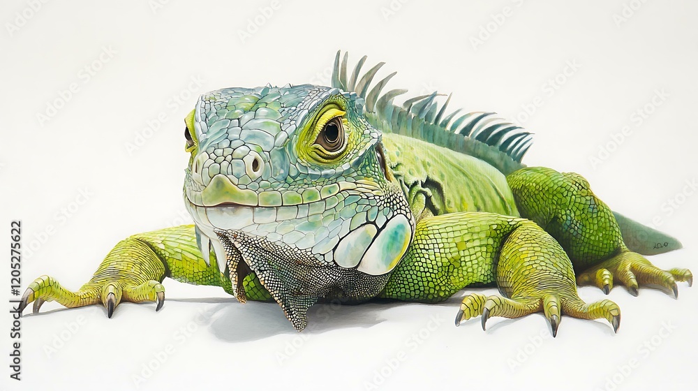 Fototapeta premium A close-up of a green iguana resting on a white surface