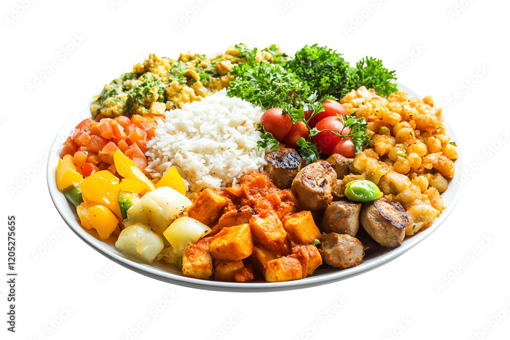 A vibrant and colorful platter featuring a variety of delicious dishes, including rice, legumes, vegetables, and sauces, perfect for a healthy meal. A vibrant and colorful platter featuring a variety of delicious dishes, including rice, legumes, vegetables, and sauces, perfect for a healthy meal.