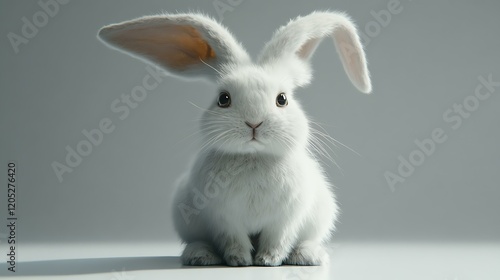 A fluffy white rabbit with long ears sitting on a clean white surface photo