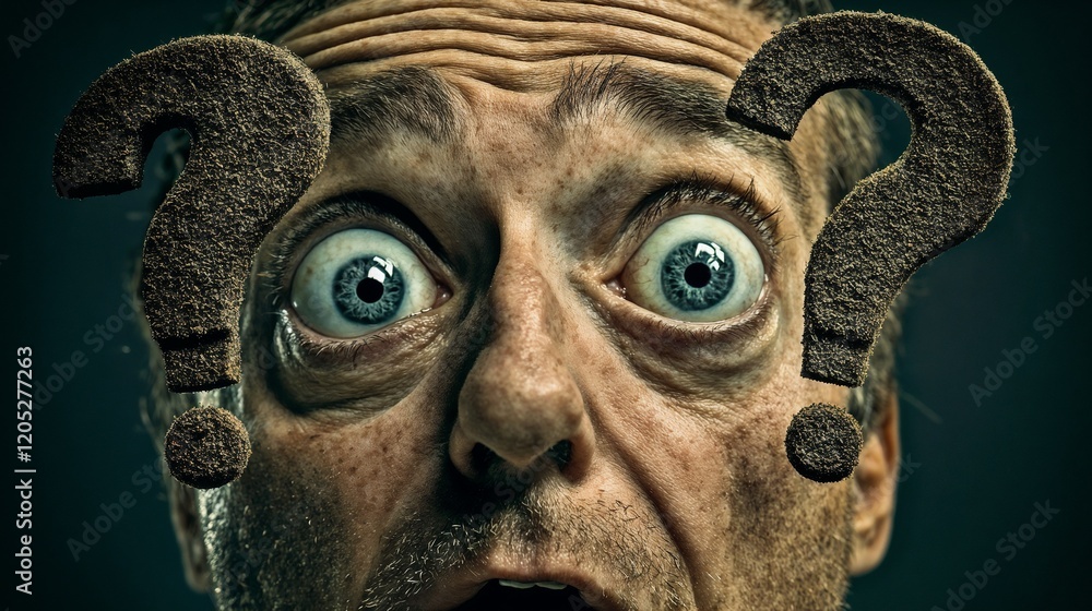 Man with surreal question mark eyes. Represents creative vision and artistic perspective concepts. Man with surreal question mark eyes. Represents creative vision and artistic perspective concepts.