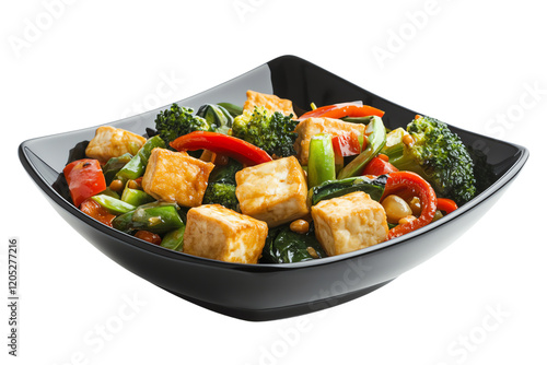 Wallpaper Mural A vibrant bowl of sauteed vegetables and tofu, showcasing fresh greens and colorful peppers, served in a sleek black dish, perfect for healthy dining. Torontodigital.ca