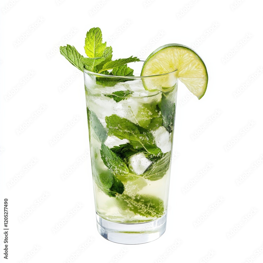 A fresh mojito in a highball glass, with muddled mint leaves and a lime wedge, emphasizing the vibrant green and refreshing nature of the drink A fresh mojito in a highball glass, with muddled mint leaves and a lime wedge, emphasizing the vibrant green and refreshing nature of the drink