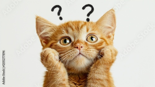Curious cat with question marks in playful pose. Perfect for pet personality and animal behavior concepts.