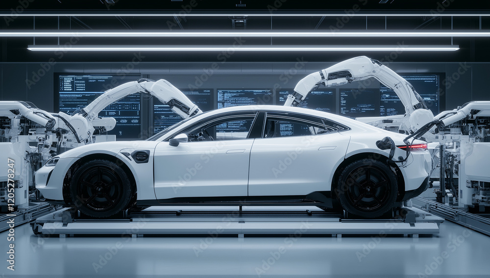 Fototapeta premium -Automated Car Assembly Line with Robotic Arms Working on White Sports Car in Modern Factory Warehouse – High-Tech Manufacturing Process Depiction