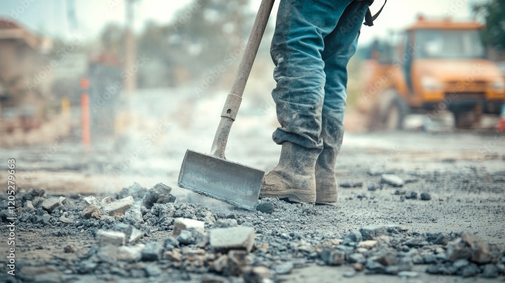 A construction worker using a hydraulic hammer to break concrete pavement for road repair, Pavement demolition scene, Infrastructure renovation style A construction worker using a hydraulic hammer to break concrete pavement for road repair, Pavement demolition scene, Infrastructure renovation style