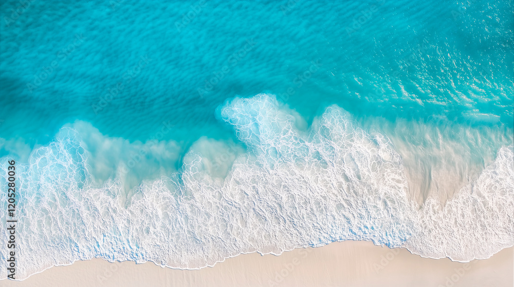Fototapeta premium Sea background top view. Waves. Golden sandy shore. Ocean coastline. Blue lagoon. Deserted beach. Clear water surface.