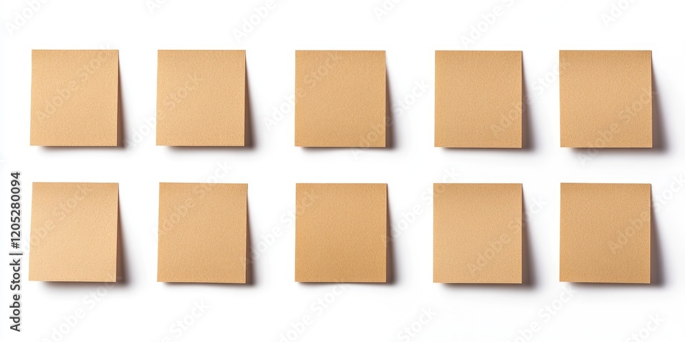 A row of brown sticky notes are lined up on a white background A row of brown sticky notes are lined up on a white background