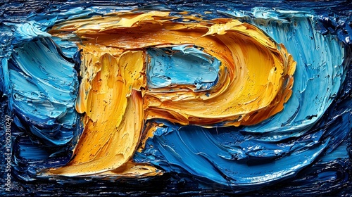 Impasto oil painting letter P in yellow and blue. photo