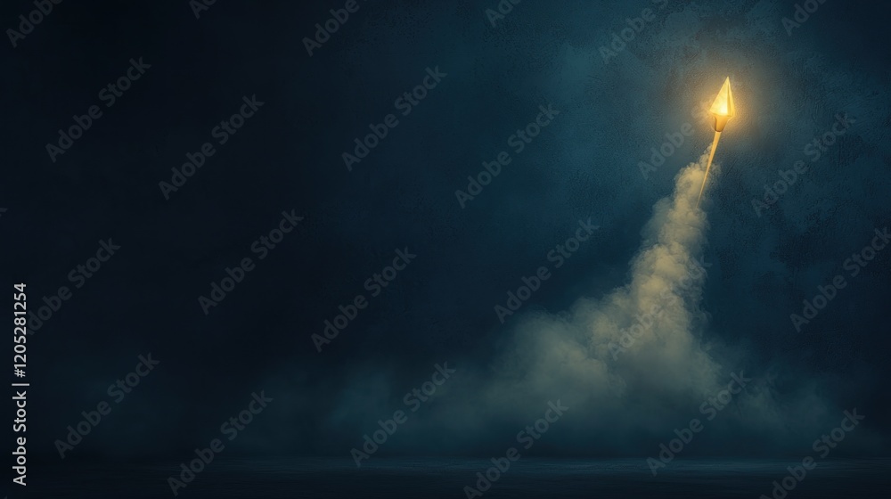 Fototapeta premium A rocket launches into the dark sky, emitting bright flames and smoke.