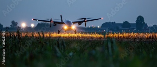 Drone landing at dusk agricultural field aerial photography rural environment low angle view technology and innovation photo