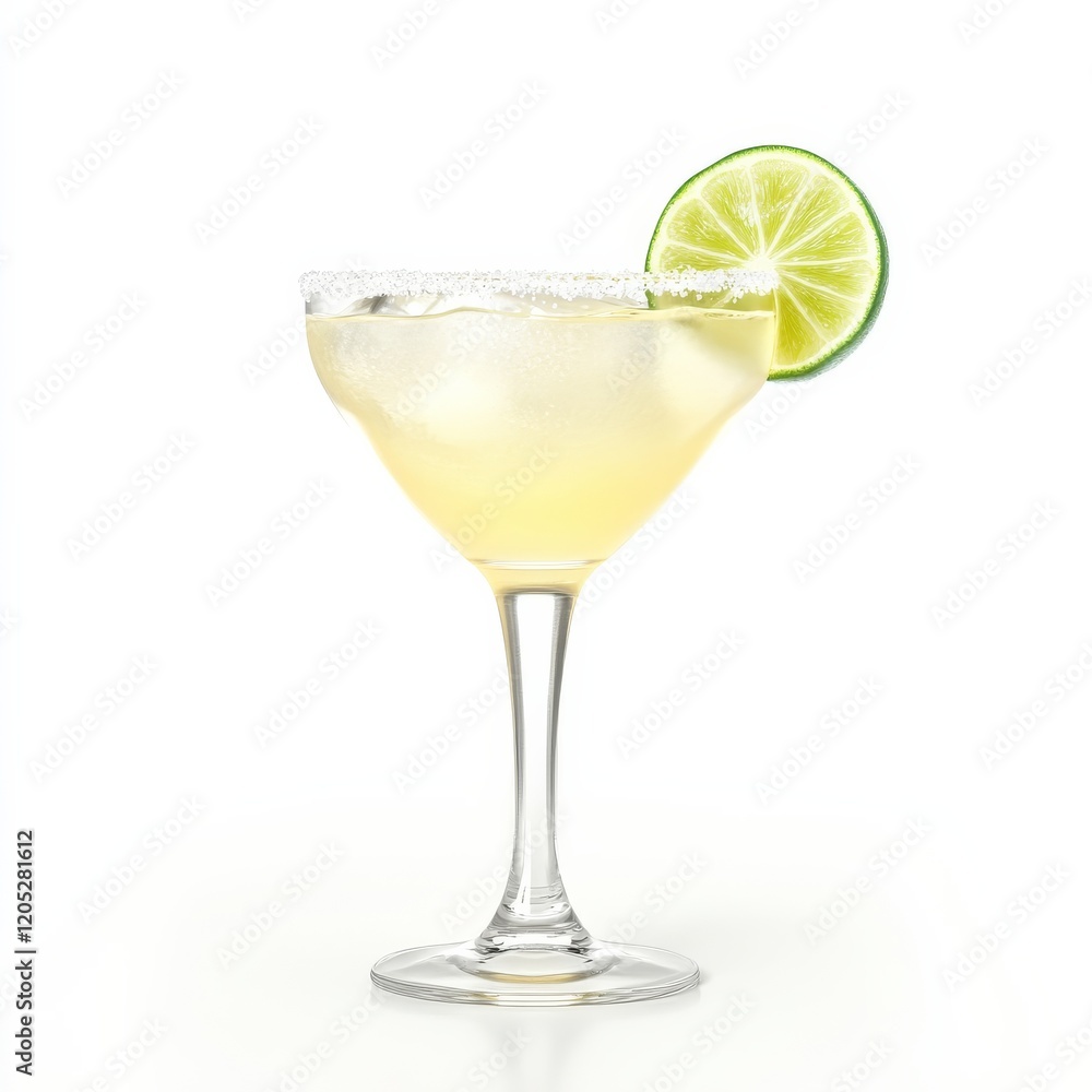 A frosty margarita with a salted rim and a hint of lime zest, smooth and icy, isolated white background A frosty margarita with a salted rim and a hint of lime zest, smooth and icy, isolated white background