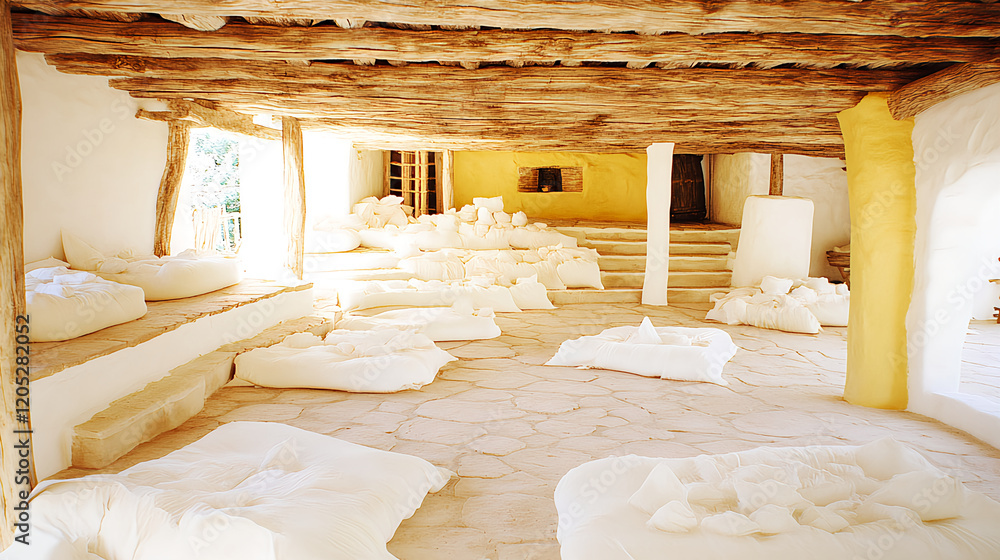 Obraz premium Meditative retreat space tranquil environment interior design natural light serene atmosphere