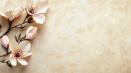 Elegant magnolia blossoms on beige background.