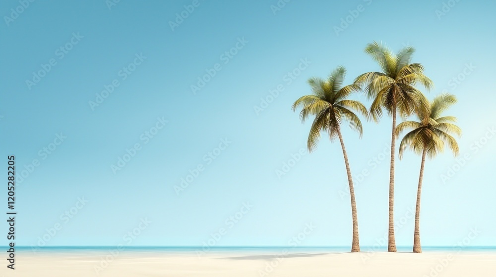 Fototapeta premium A serene beach scene featuring three palm trees against a clear blue sky.