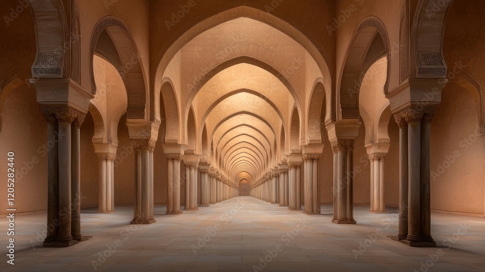 A serene corridor with arches and pillars, evoking tranquility and architectural beauty. A serene corridor with arches and pillars, evoking tranquility and architectural beauty.