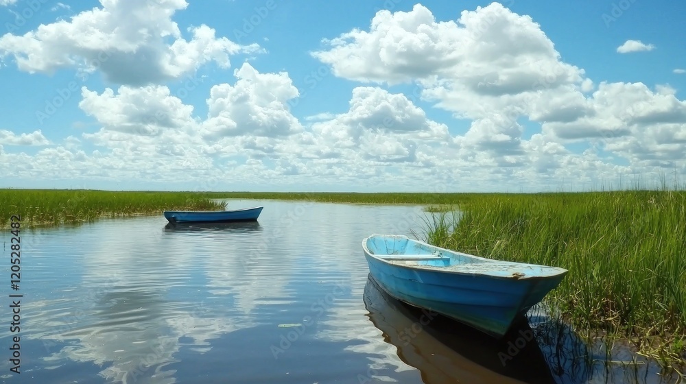 Tranquil blue boats in swampy lake under sunny sky Tranquil blue boats in swampy lake under sunny sky