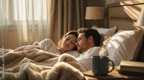 Couple snuggling in bed under a warm blanket, enjoying a cozy morning glow