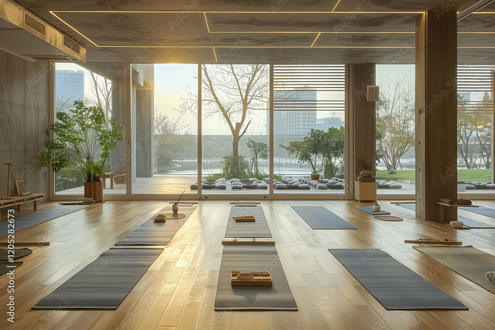 Fototapeta premium Spacious and Serene Yoga Studio with Modern Design and Large Windows Overlooking a Peaceful Garden