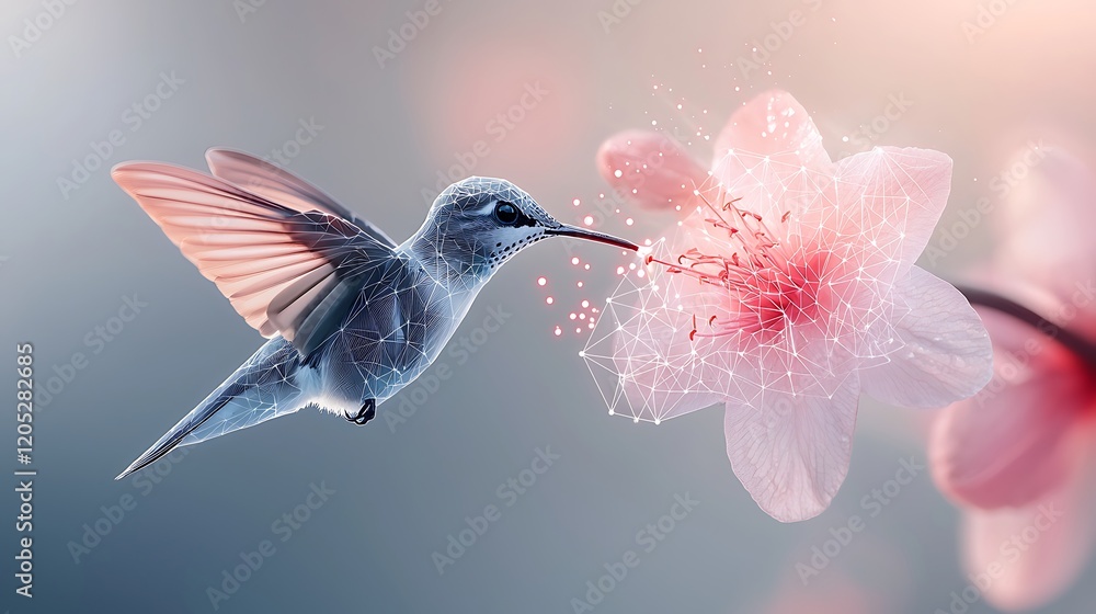 Naklejka premium Hummingbird pollinating flower, nature, digital art, spring, delicate