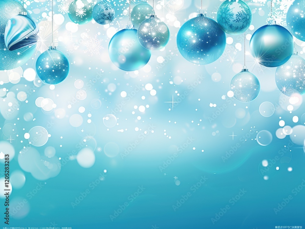 Blue background with many blue and silver Christmas ornaments hanging from it Blue background with many blue and silver Christmas ornaments hanging from it