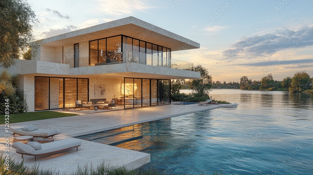 Obraz premium Modern lakeside villa with large glass windows reflecting sunset, surrounded by serene nature