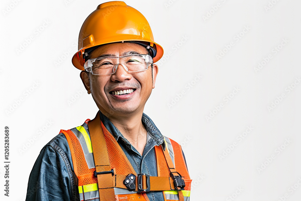 Smiling Asian Construction Worker in Safety Gear on White Background Smiling Asian Construction Worker in Safety Gear on White Background