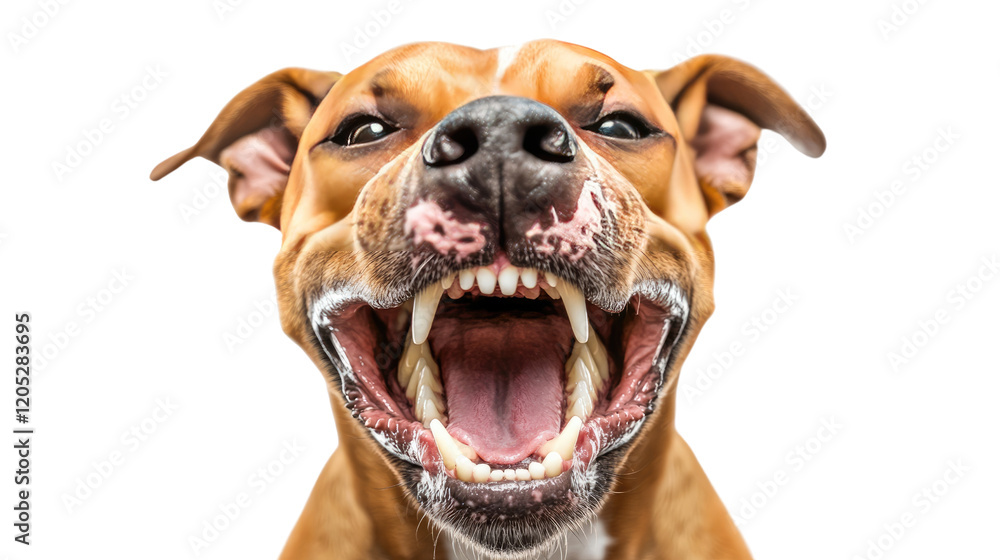 Obraz premium Playful Canine Grin: A close-up portrait of a brown and white pit bull terrier with a wide, toothy grin, capturing the playful and affectionate nature of this popular breed. 