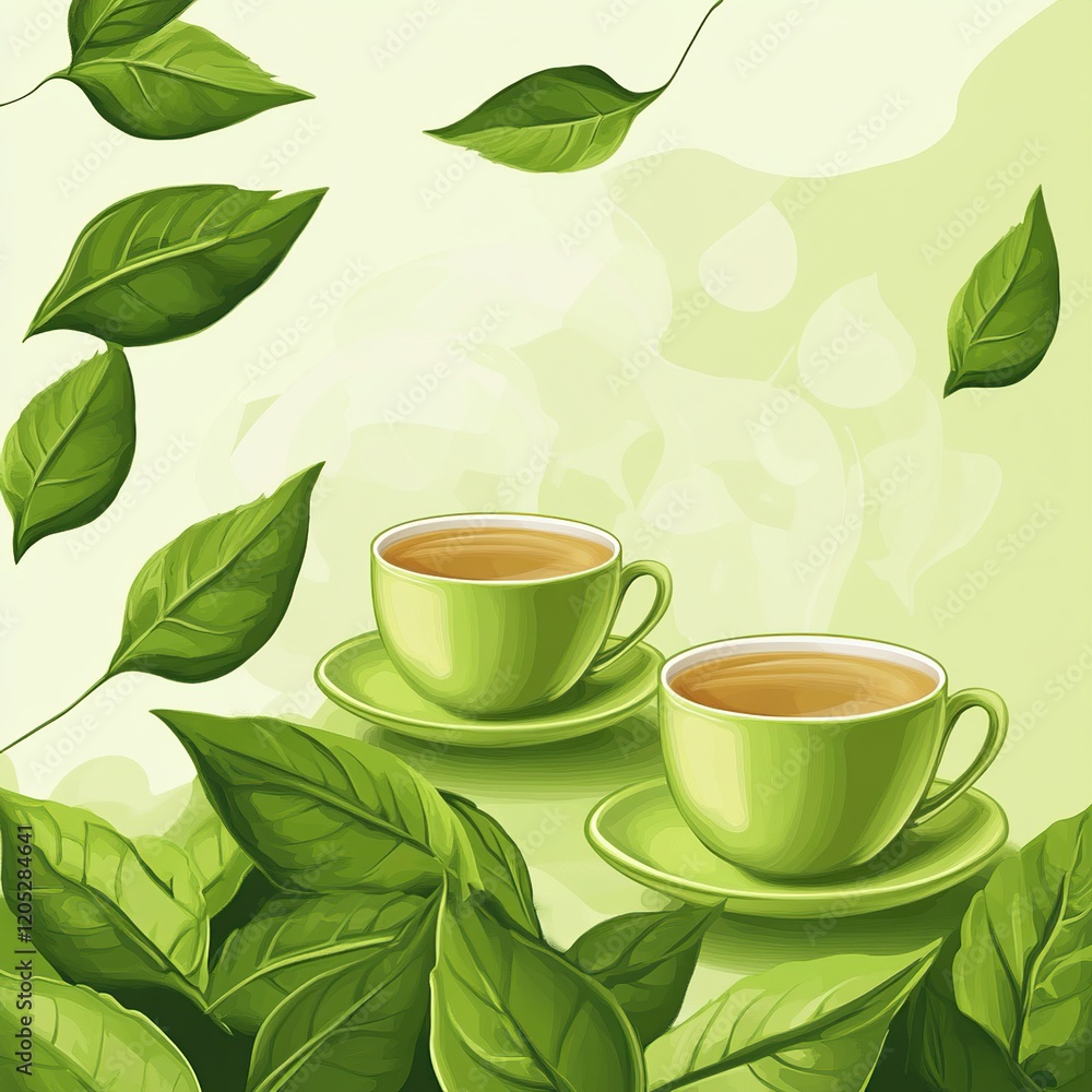 Two Cups of Green Tea Resting on Saucers Surrounded by Lush Green Leaves Two Cups of Green Tea Resting on Saucers Surrounded by Lush Green Leaves