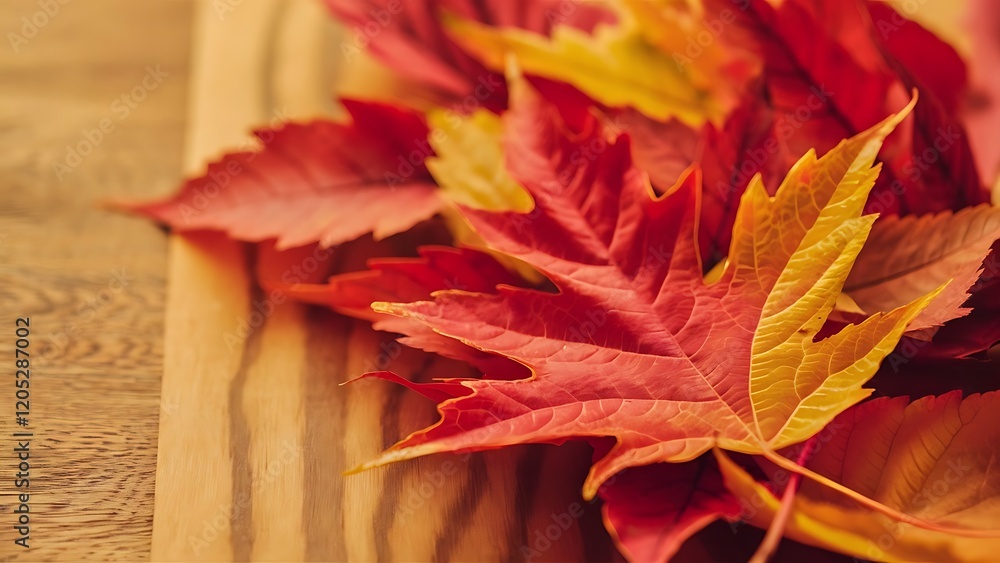 Obraz premium Colorful autumn leaves with wooden background as copy space